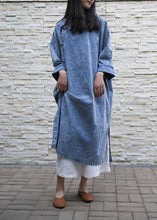 Load image into Gallery viewer, Loose denim blue Tunics stand collar side open Plus Size Dresses