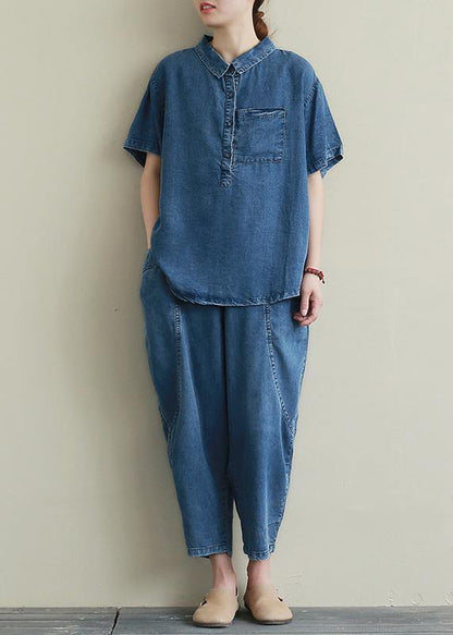 Loose large size thin section blue denim casual suit female lapel short sleeve shirt harem pants two-piece suit