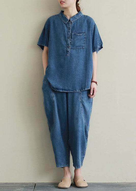 Loose large size thin section blue denim casual suit female lapel short sleeve shirt harem pants two-piece suit