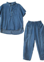 Loose large size thin section blue denim casual suit female lapel short sleeve shirt harem pants two-piece suit