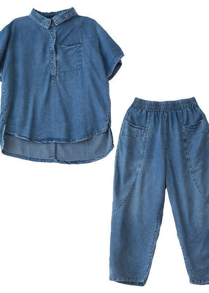 Loose large size thin section blue denim casual suit female lapel short sleeve shirt harem pants two-piece suit