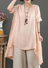 Load image into Gallery viewer, Loose o neck asymmetric linen summer linen tops women pattern pink shirts