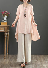 Load image into Gallery viewer, Loose o neck asymmetric linen summer linen tops women pattern pink shirts