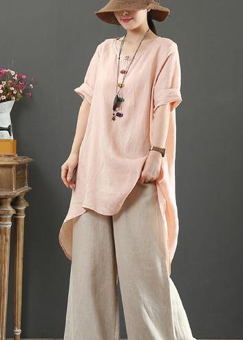 Loose o neck asymmetric linen summer linen tops women pattern pink shirts