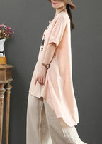 Loose o neck asymmetric linen summer linen tops women pattern pink shirts