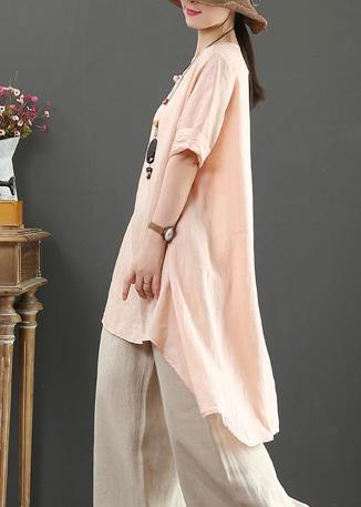 Loose o neck asymmetric linen summer linen tops women pattern pink shirts