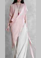 Loose o neck asymmetric tie waistTunic pattern pink tops