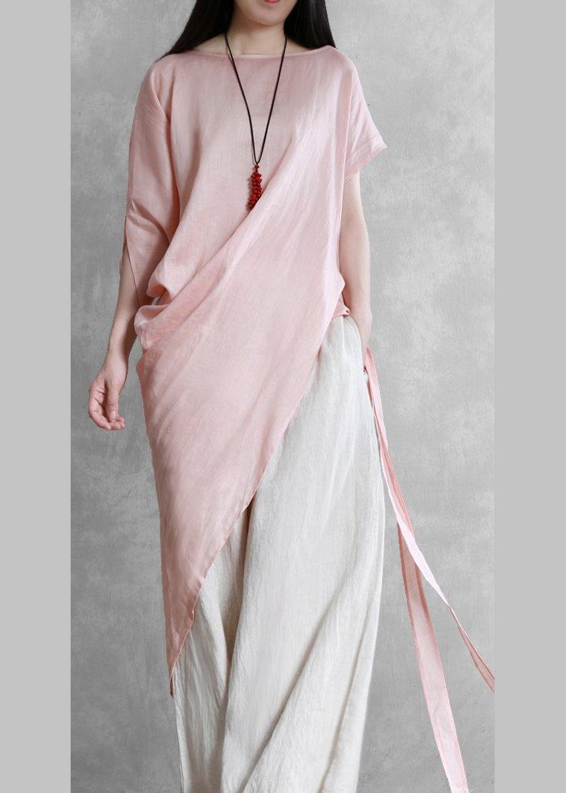 Loose o neck asymmetric tie waistTunic pattern pink tops