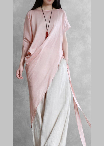 Loose o neck asymmetric tie waistTunic pattern pink tops