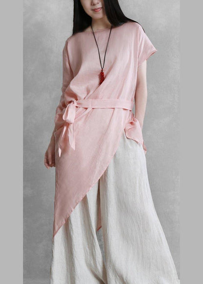 Loose o neck asymmetric tie waistTunic pattern pink tops