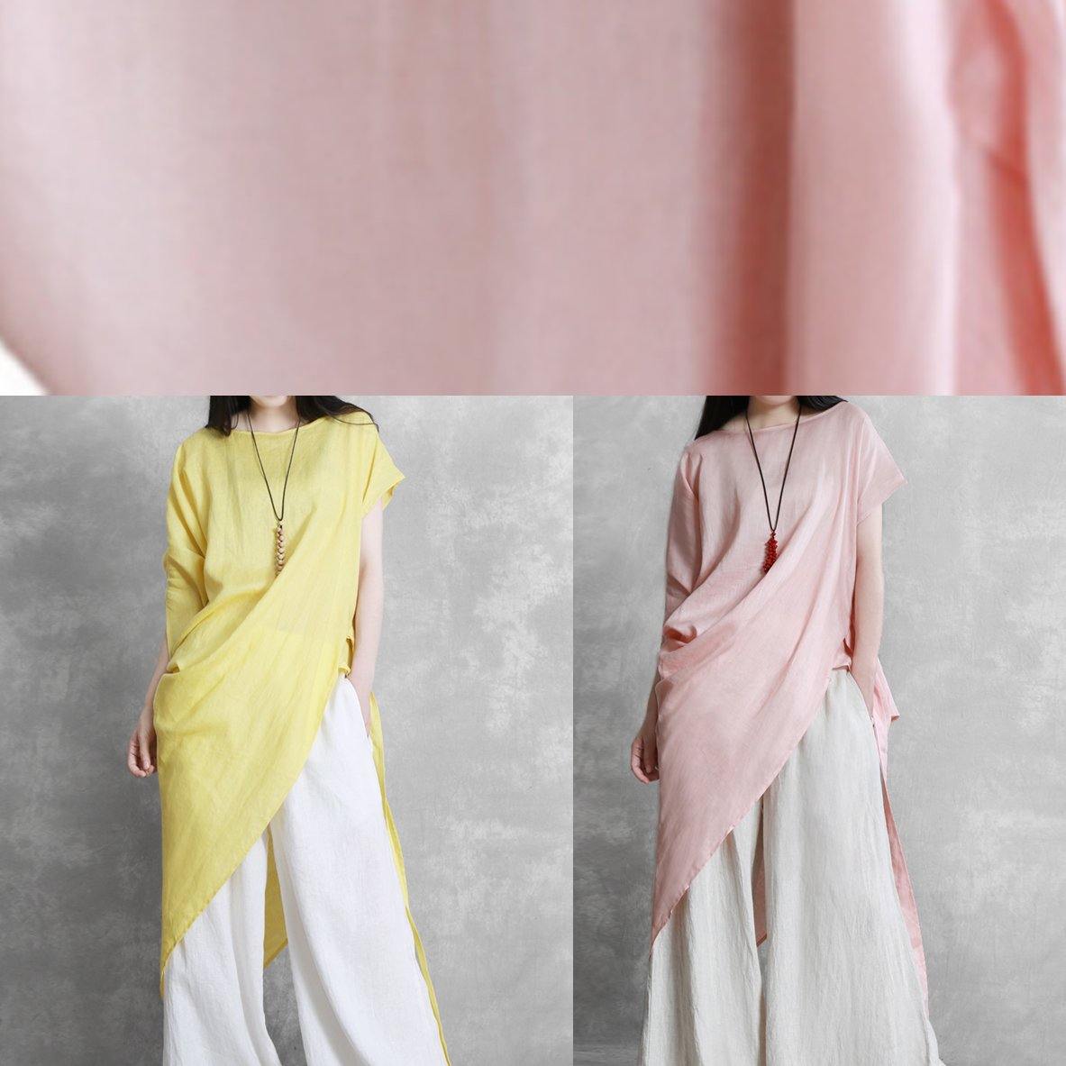 Loose o neck asymmetric tie waistTunic pattern pink tops