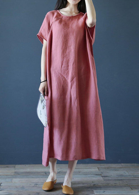 Loose o neck short sleeve linen dresses Sewing pink Dresses