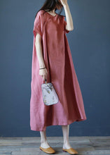 Load image into Gallery viewer, Loose o neck short sleeve linen dresses Sewing pink Dresses