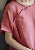 Loose o neck short sleeve linen dresses Sewing pink Dresses