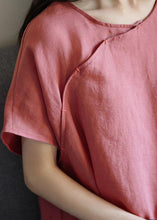 Load image into Gallery viewer, Loose o neck short sleeve linen dresses Sewing pink Dresses