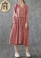 Loose pink plaid linen cotton clothes Notched drawstring cotton Dress