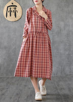 Loose pink plaid linen cotton clothes Notched drawstring cotton Dress