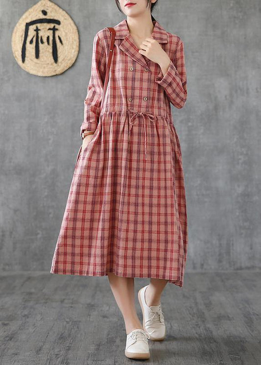 Loose pink plaid linen cotton clothes Notched drawstring cotton Dress