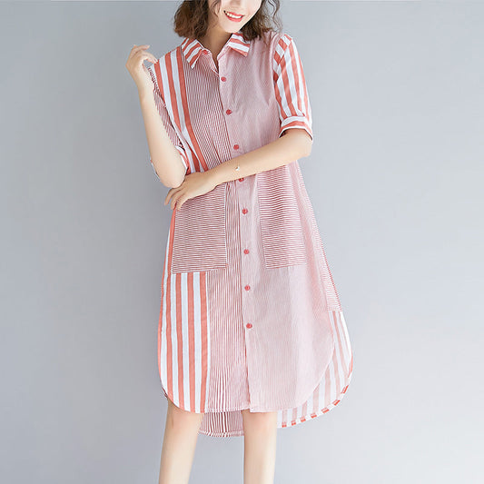 Loose pink striped Cotton quilting clothes Fun Photography side open Knee patchwork Dress