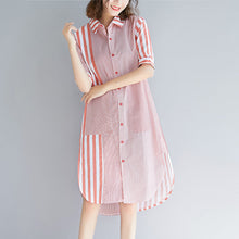 Load image into Gallery viewer, Loose pink striped Cotton quilting clothes Fun Photography side open Knee patchwork Dress