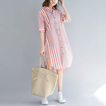 Load image into Gallery viewer, Loose pink striped Cotton quilting clothes Fun Photography side open Knee patchwork Dress