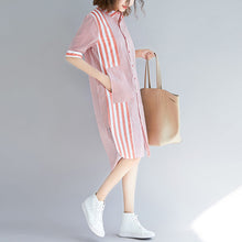 Load image into Gallery viewer, Loose pink striped Cotton quilting clothes Fun Photography side open Knee patchwork Dress