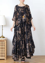 Load image into Gallery viewer, Loose silk satin wind dress black Chocolate color printing fashion  two-piece goddess big swing skirt
