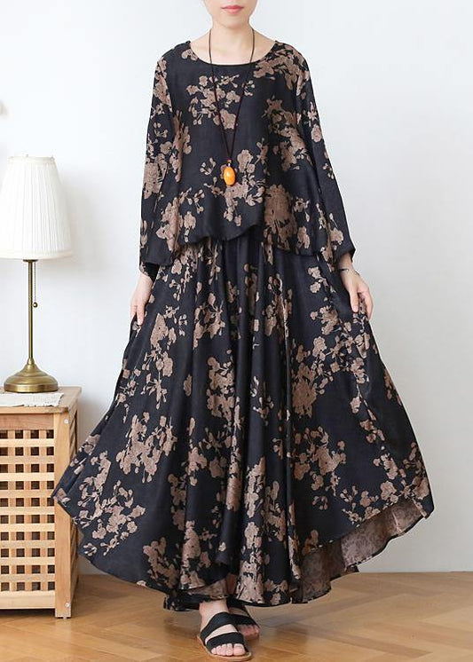 Loose silk satin wind dress black Chocolate color printing fashion two-piece goddess big swing skirt