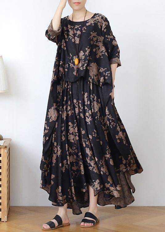 Loose silk satin wind dress black Chocolate color printing fashion  two-piece goddess big swing skirt