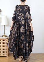 Loose silk satin wind dress black Chocolate color printing fashion  two-piece goddess big swing skirt