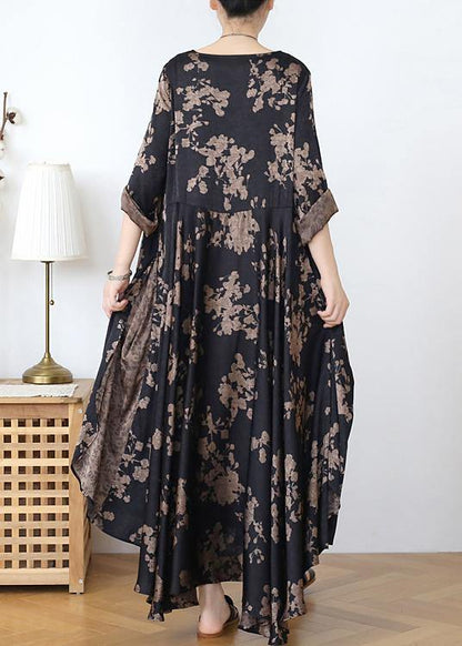 Loose silk satin wind dress black Chocolate color printing fashion  two-piece goddess big swing skirt