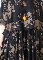 Loose silk satin wind dress black Chocolate color printing fashion  two-piece goddess big swing skirt