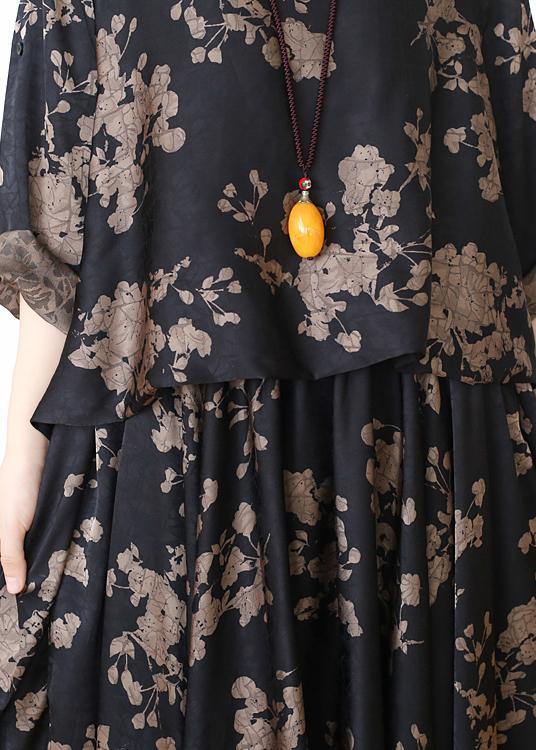 Loose silk satin wind dress black Chocolate color printing fashion  two-piece goddess big swing skirt