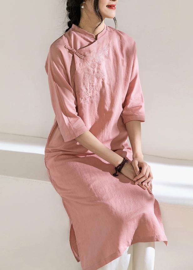 Loose stand collar linen side open dress Inspiration pink Dress