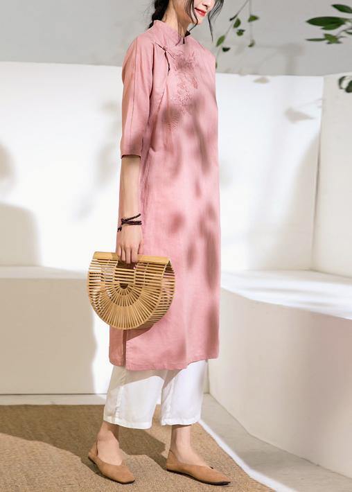 Loose stand collar linen side open dress Inspiration pink Dress