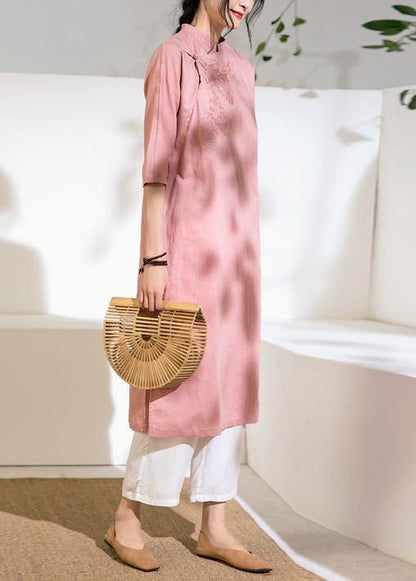 Loose stand collar linen side open dress Inspiration pink Dress