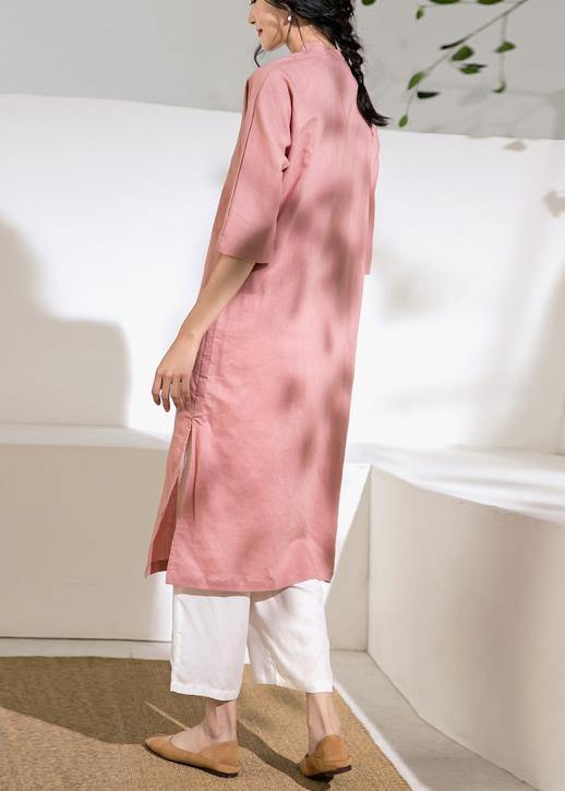 Loose stand collar linen side open dress Inspiration pink Dress