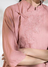 Load image into Gallery viewer, Loose stand collar linen side open dress Inspiration pink Dress