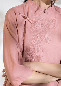 Loose stand collar linen side open dress Inspiration pink Dress
