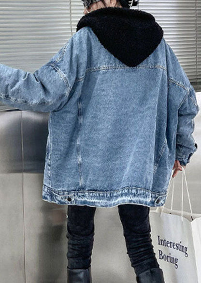 Luxury Denim Blue Pockets Patchwork Thick Winter Jacket