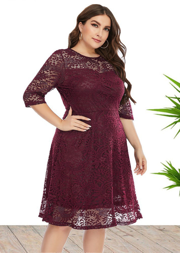 Maroon O-Neck Lace Mid Dress Half Sleeve