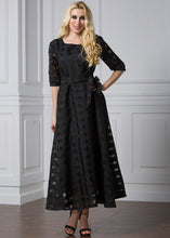 Load image into Gallery viewer, Modern Black O-Neck Patchwork Tie Waist Organza Vacation Long Dresses Half Sleeve