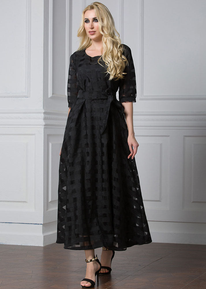Modern Black O-Neck Patchwork Tie Waist Organza Vacation Long Dresses Half Sleeve