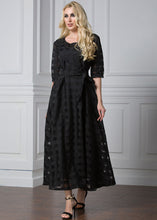 Load image into Gallery viewer, Modern Black O-Neck Patchwork Tie Waist Organza Vacation Long Dresses Half Sleeve