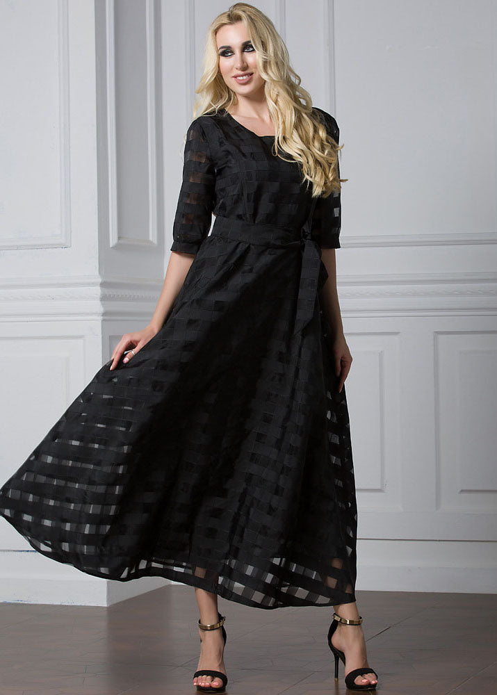 Modern Black O-Neck Patchwork Tie Waist Organza Vacation Long Dresses Half Sleeve