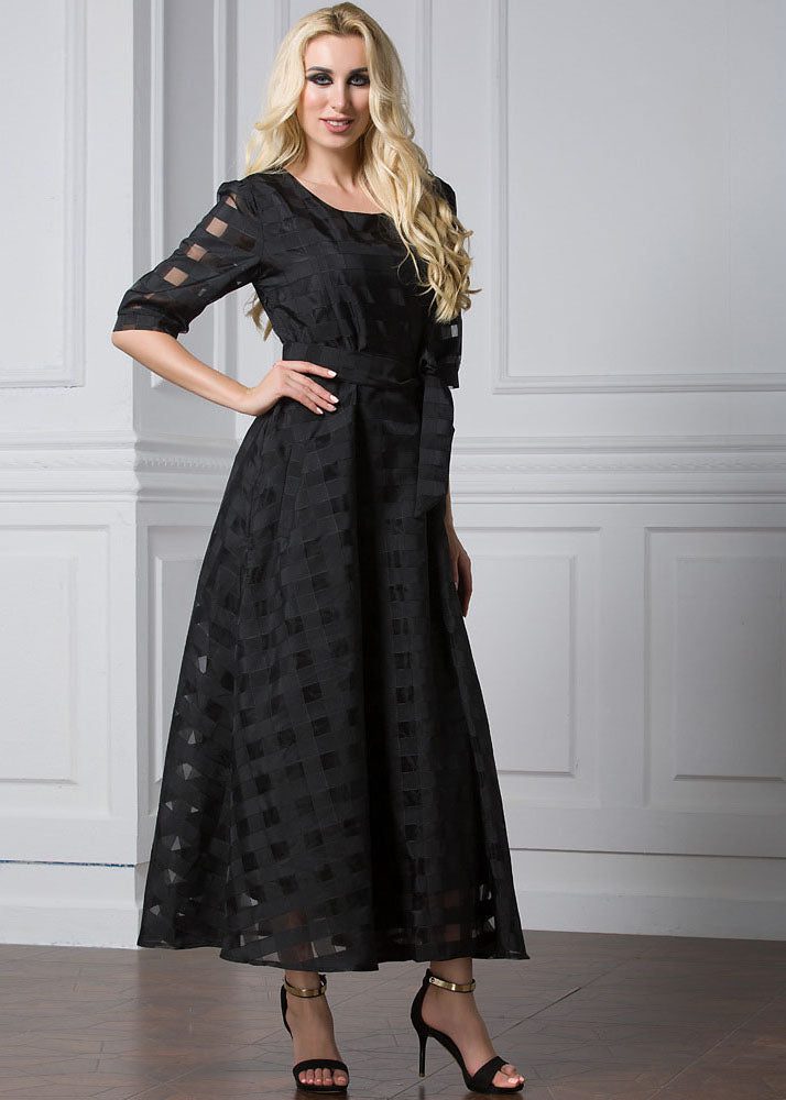 Modern Black O-Neck Patchwork Tie Waist Organza Vacation Long Dresses Half Sleeve