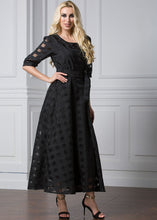 Load image into Gallery viewer, Modern Black O-Neck Patchwork Tie Waist Organza Vacation Long Dresses Half Sleeve