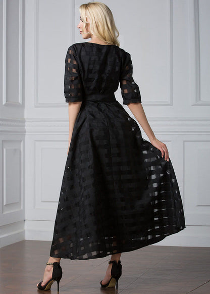 Modern Black O-Neck Patchwork Tie Waist Organza Vacation Long Dresses Half Sleeve