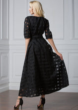 Load image into Gallery viewer, Modern Black O-Neck Patchwork Tie Waist Organza Vacation Long Dresses Half Sleeve
