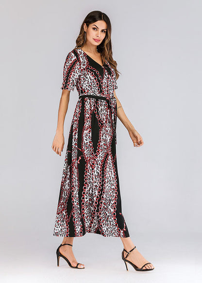 Modern Black Patchwork Tie Waist Chiffon Holiday Maxi Dresses Summer
